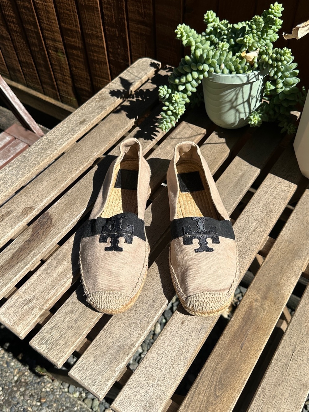 Tory Burch Beige Canvas Espadrilles with Black Logo Band